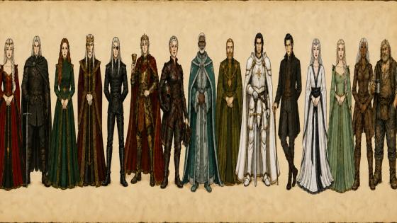 Fifteen House of the Dragon characters drawn as small ink figures in a row across aged vellum.