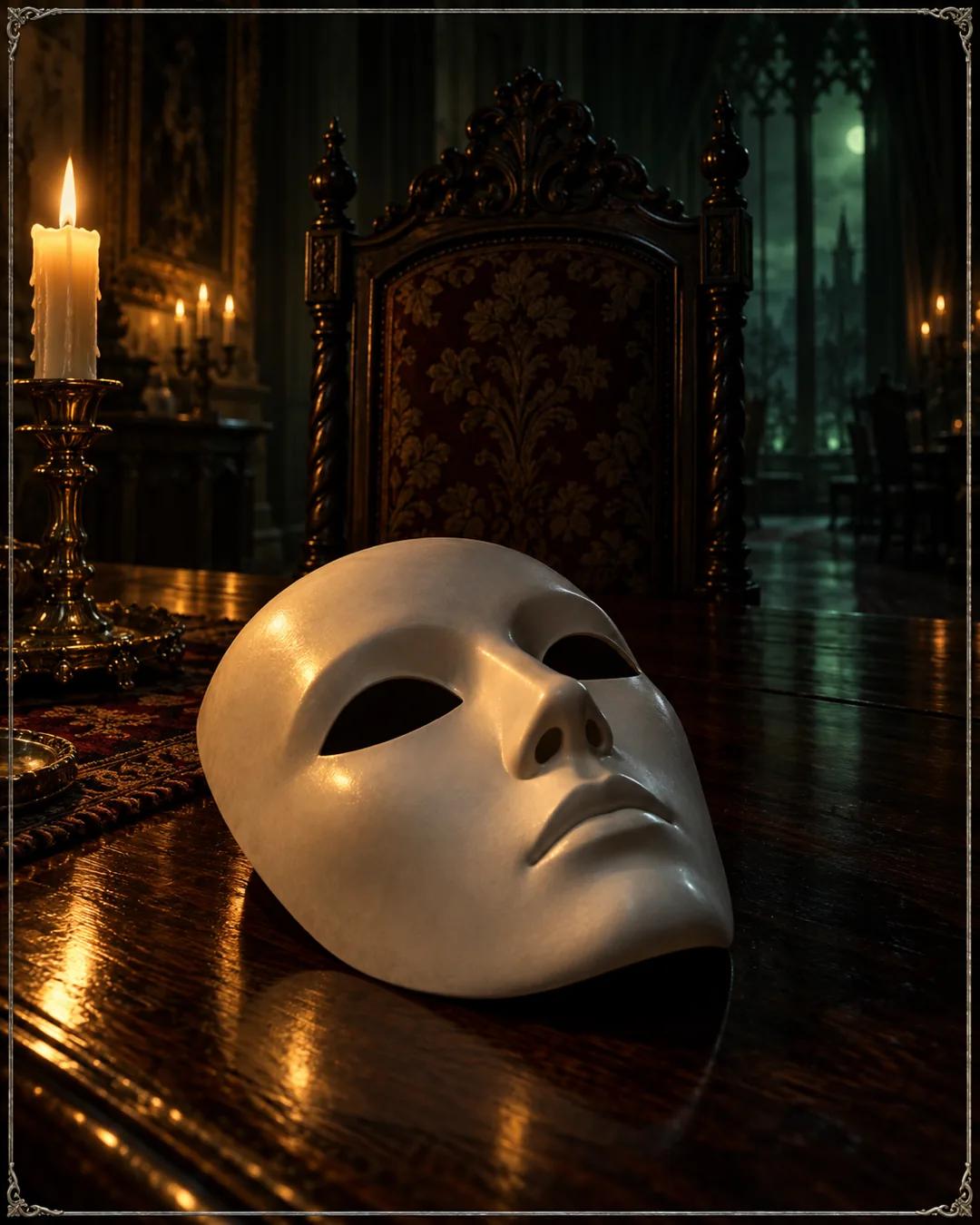 A long dark table in a candlelit drawing room, high-backed chairs pushed back and empty, a white mask left face-up on the wood.