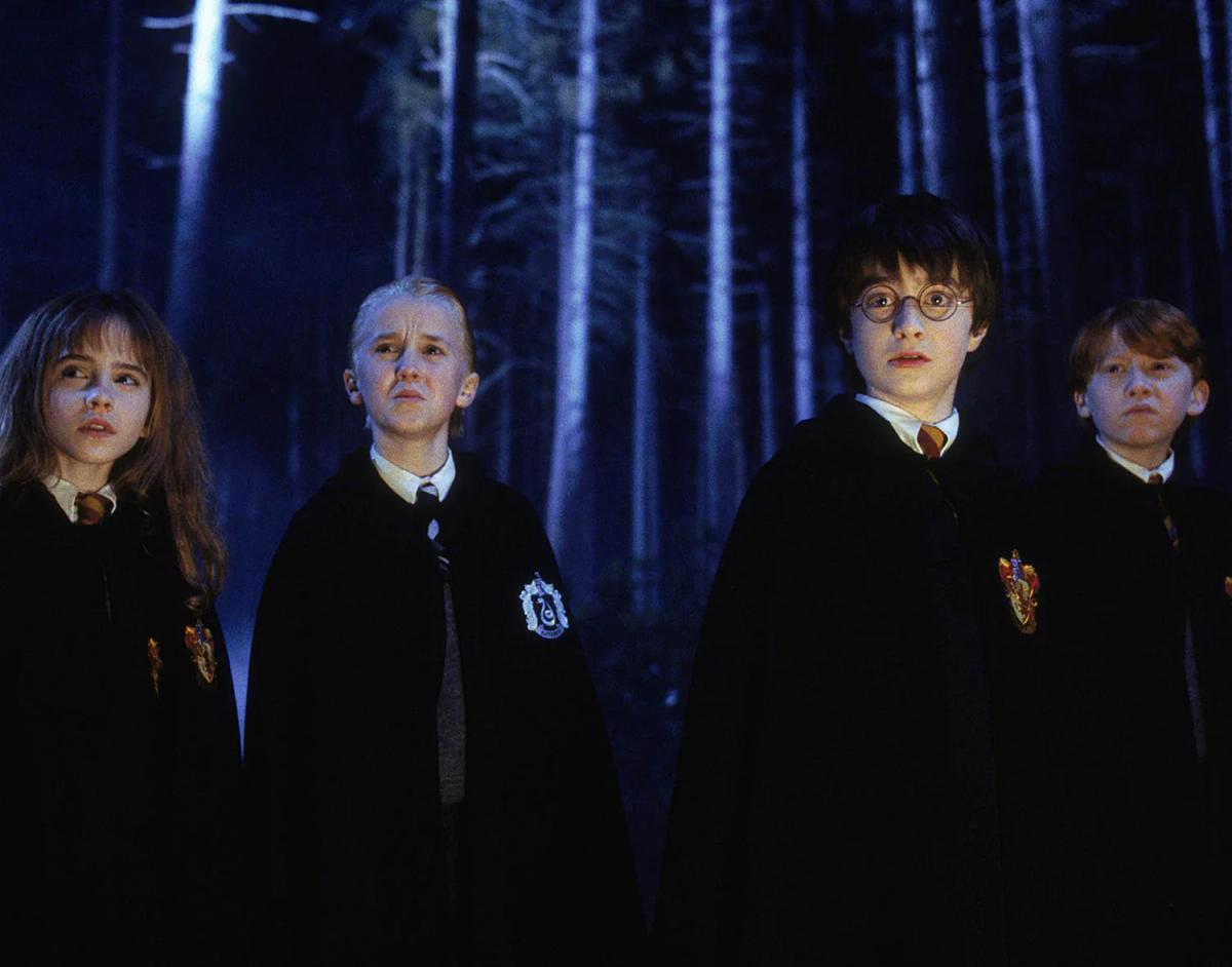 Hermione Granger (Emma Watson), Draco Malfoy (Tom Felton), Harry Potter (Daniel Radcliffe) and Ron Weasley (Rupert Grint) standing in the Forbidden Forest at night.