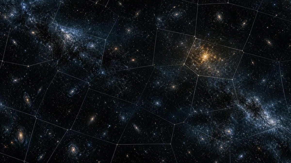 A deep-space starfield divided by faint survey lines into an irregular grid of cells, one lit brighter than the rest.