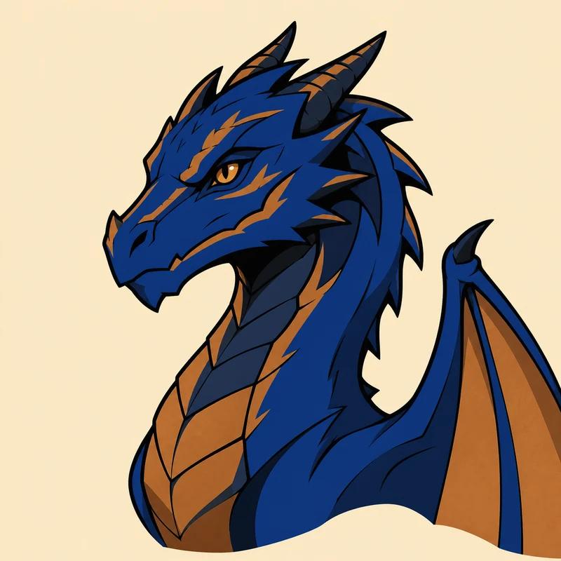 Illustrated portrait of Tessarion, a cobalt blue dragon with copper and black markings and a sharp angular head.