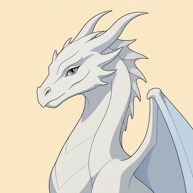 Illustrated portrait of Silverwing, a pale silver-white dragon with elegant curved horns and soft blue wings.