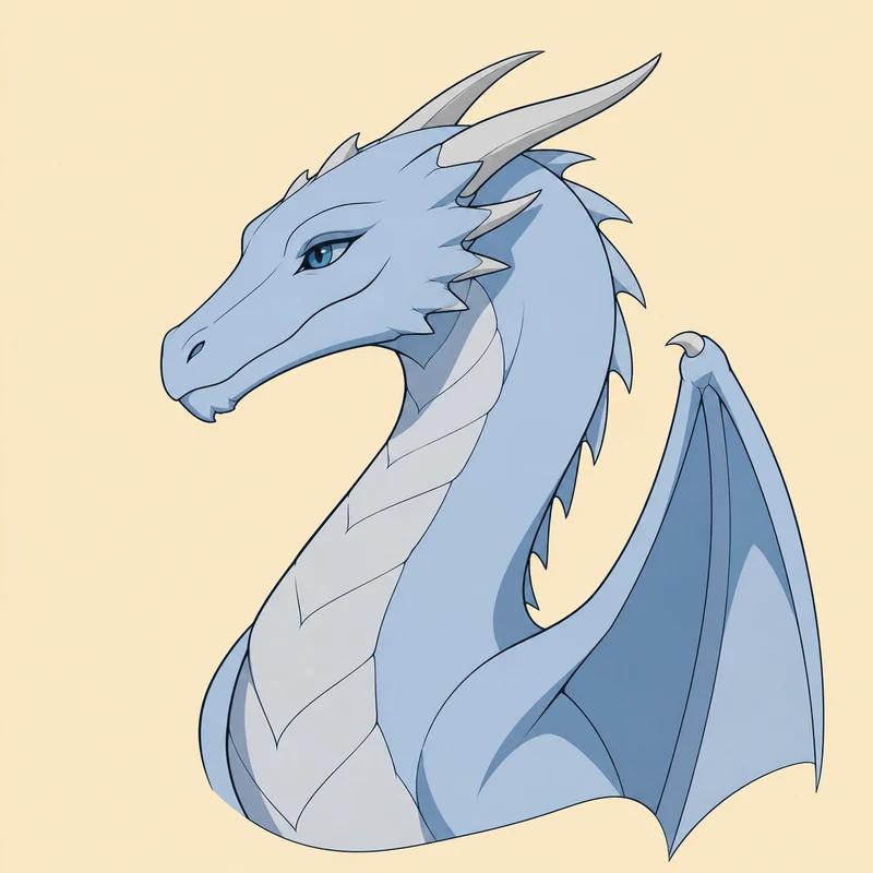 Illustrated portrait of Dreamfyre, a pale blue dragon with silver undertones, a long neck and a refined narrow head.