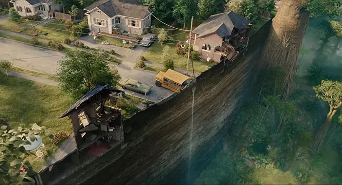 Aerial view of a suburban street sheared off mid-block, houses and a school bus sitting at the lip of a sheer drop into dense green forest