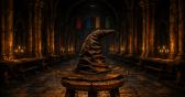 An old patched wizard's hat on a wooden stool in an empty candlelit hall, with four coloured banners hanging far off in the background.