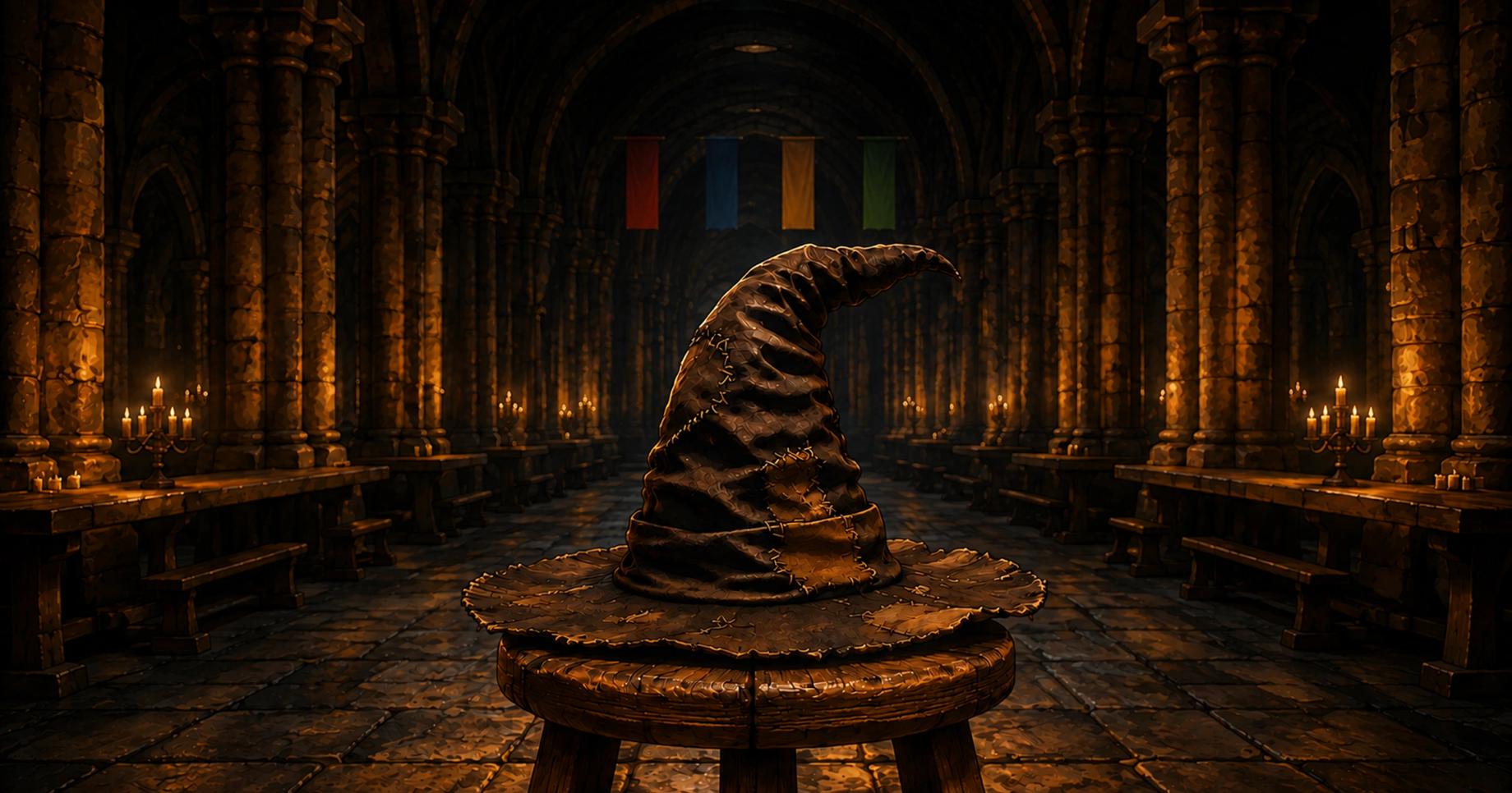 An old patched wizard's hat on a wooden stool in an empty candlelit hall, with four coloured banners hanging far off in the background.