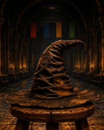 An old patched wizard's hat on a wooden stool in an empty candlelit hall, with four coloured banners hanging far off in the background.