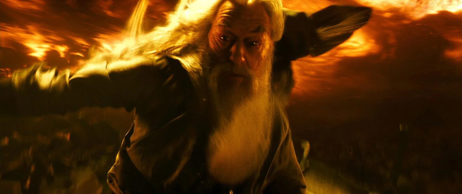 Michael Gambon as Albus Dumbledore casting fire around himself in the Horcrux cave