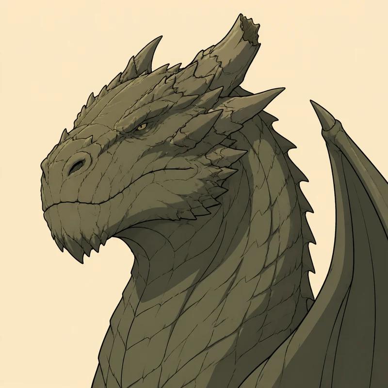 Illustrated portrait of Vhagar, an ancient bronze-green dragon with a broad scarred head and one broken horn.