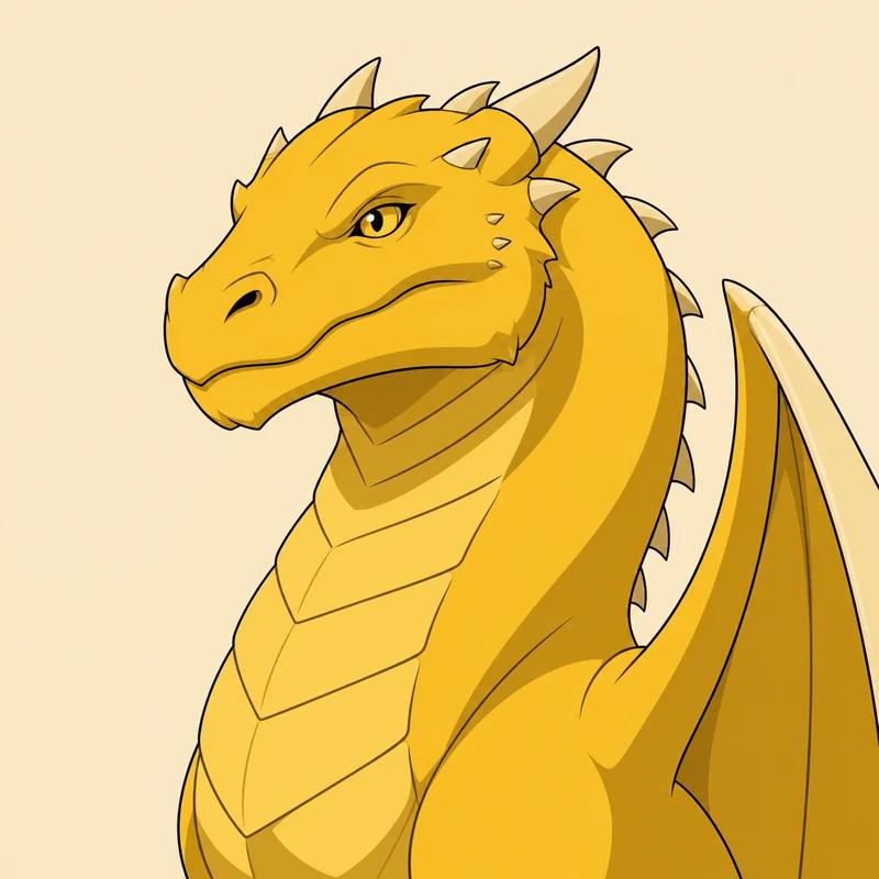 Illustrated portrait of Syrax, a golden yellow dragon with a rounded well-fed head and pale cream wings.