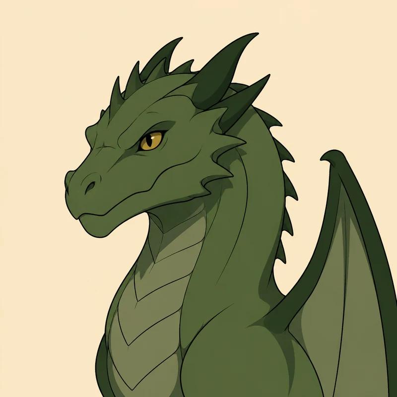 Illustrated portrait of Vermax, a mid-green dragon with darker green wings and a compact sturdy head.
