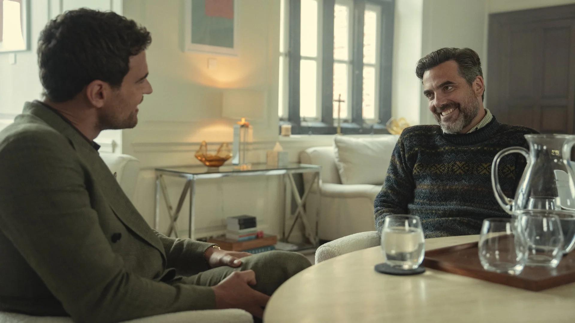 Theo James as Eddie Horniman sitting opposite Daniel Ings as Freddy Horniman in a bright rehab common room, Freddy bearded and laughing.