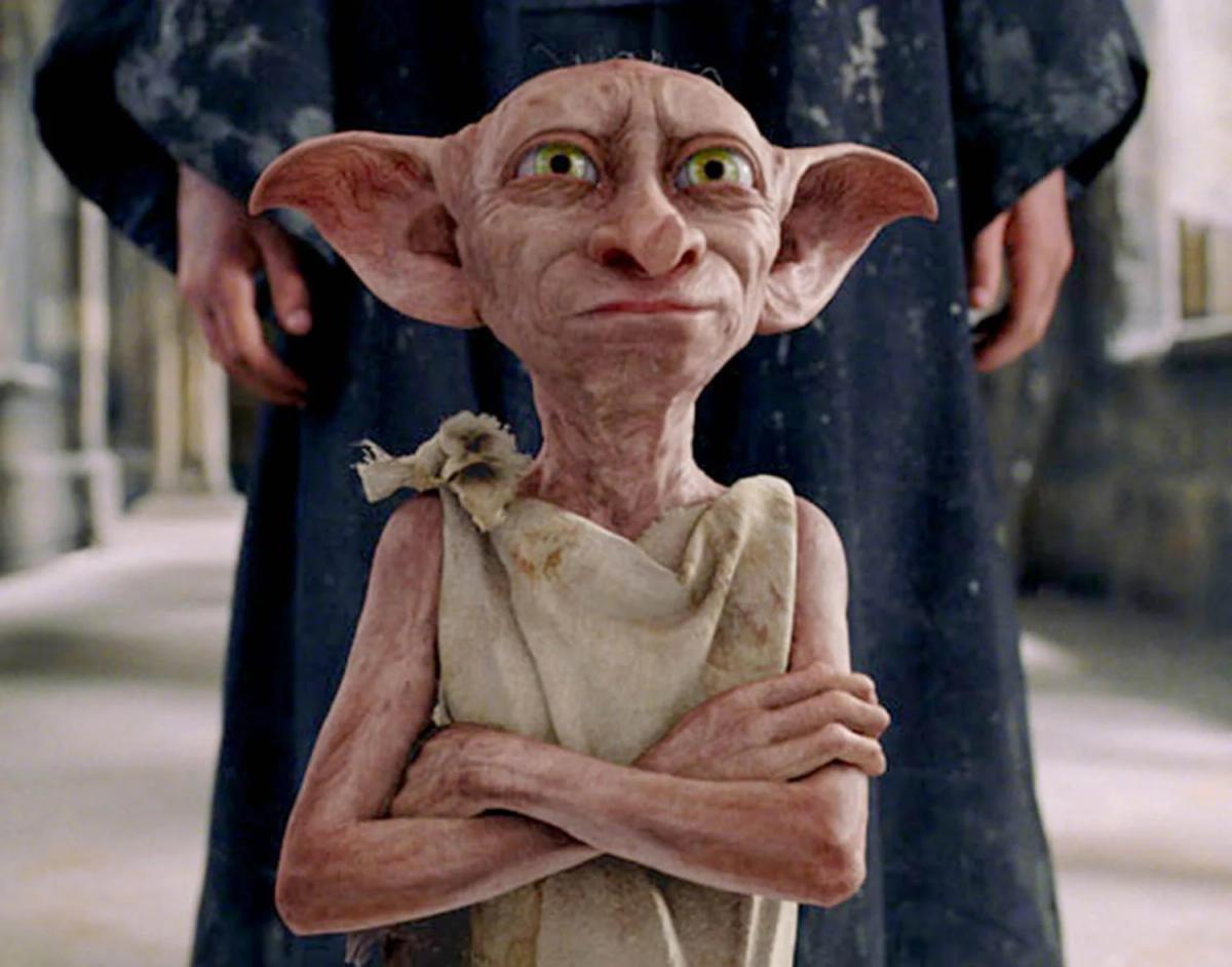 Dobby, voiced by Toby Jones, stands in front of Daniel Radcliffe as Harry Potter with his arms folded.