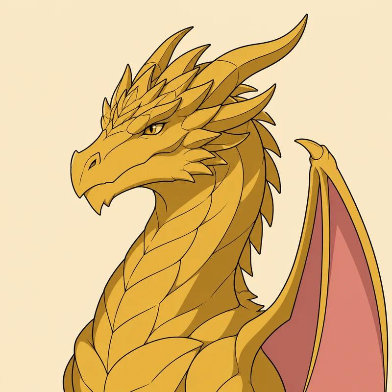 Illustrated portrait of Sunfyre, a brilliant gold dragon with a crested head and rose-pink wing membranes.