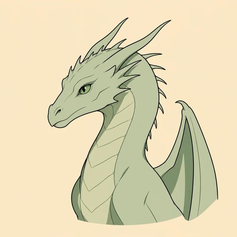 Illustrated portrait of Moondancer, a small pale green dragon with a delicate head and fine slender horns.
