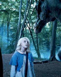 Daniel Radcliffe as Harry Potter and Evanna Lynch as Luna Lovegood stand beside a Thestral in the forest.