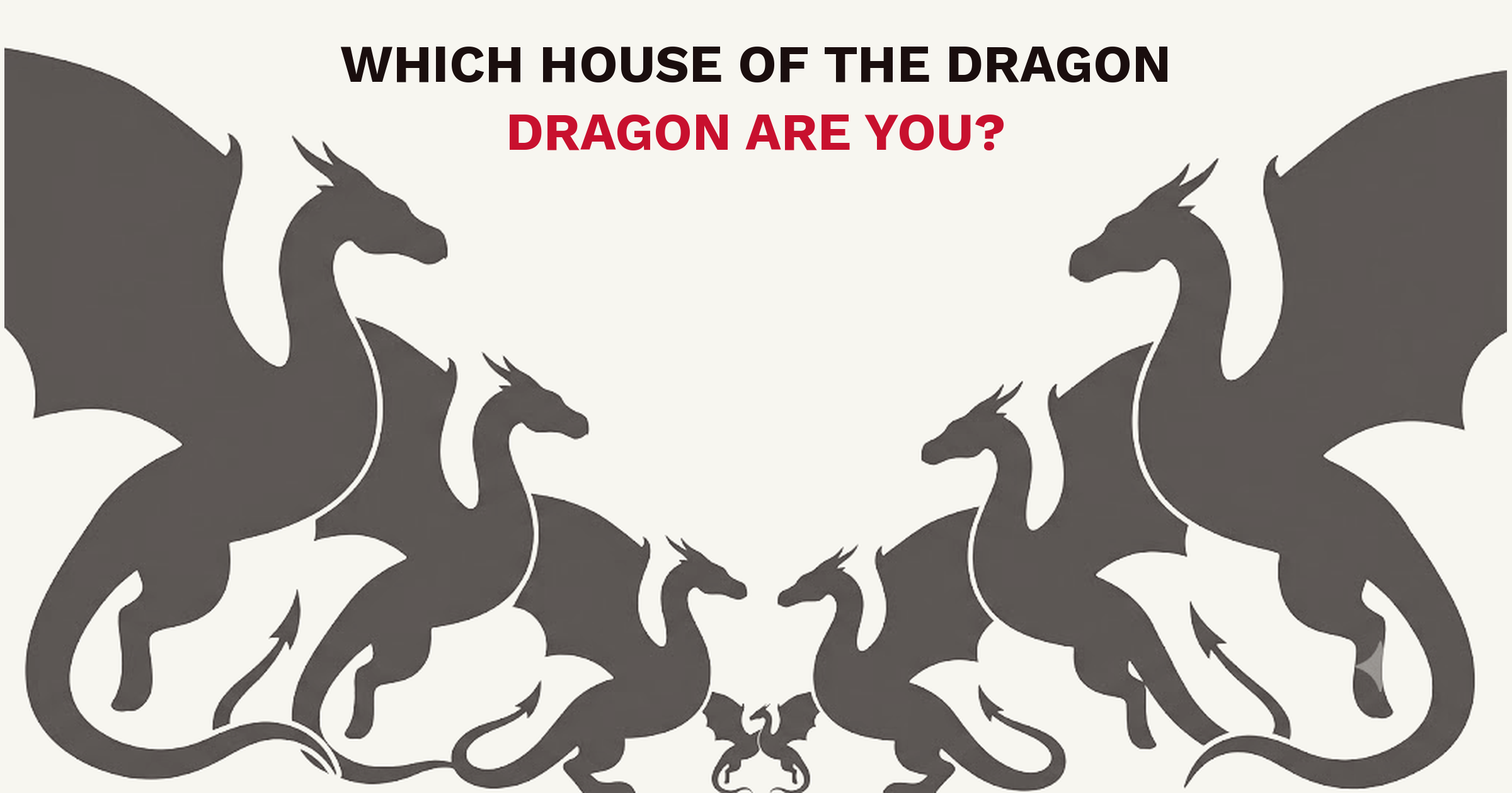 Five dragon silhouettes in dark grey on cream, facing inward from both edges