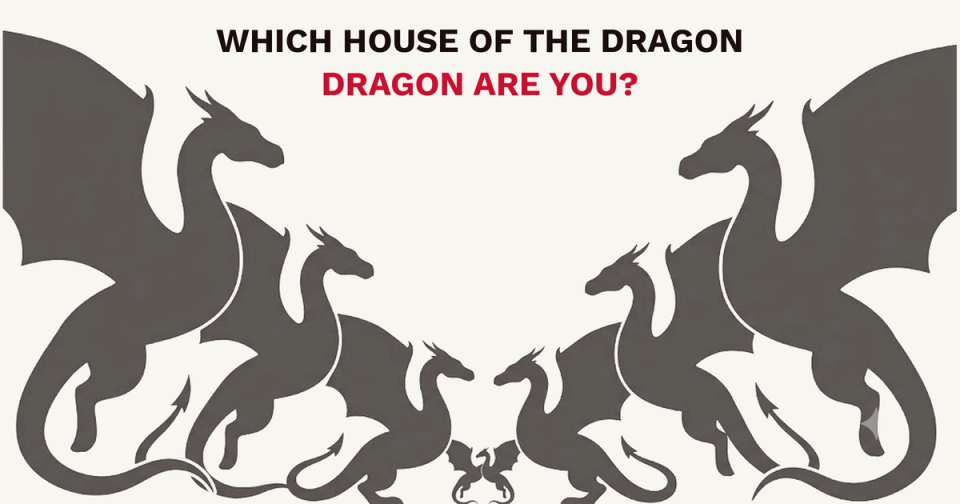 Five dragon silhouettes in dark grey on cream, facing inward from both edges