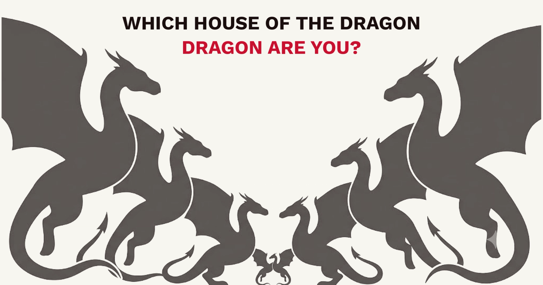 Five dragon silhouettes in dark grey on cream, facing inward from both edges