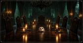 A long dark table in a candlelit drawing room, high-backed chairs pushed back and empty, a white mask left face-up on the wood.