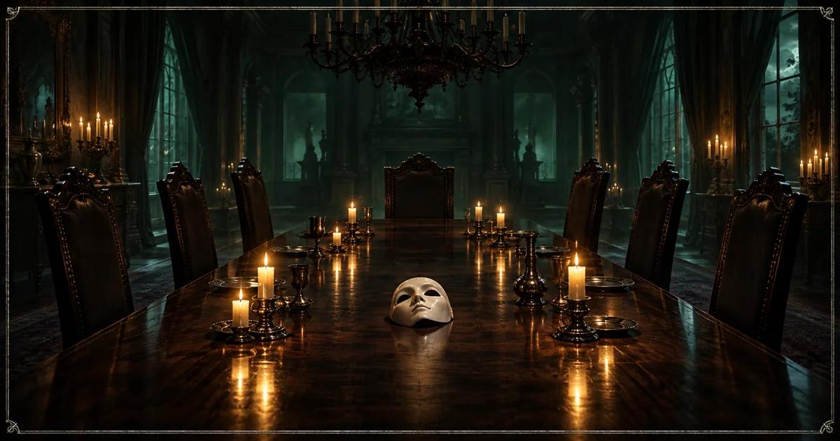 A long dark table in a candlelit drawing room, high-backed chairs pushed back and empty, a white mask left face-up on the wood.