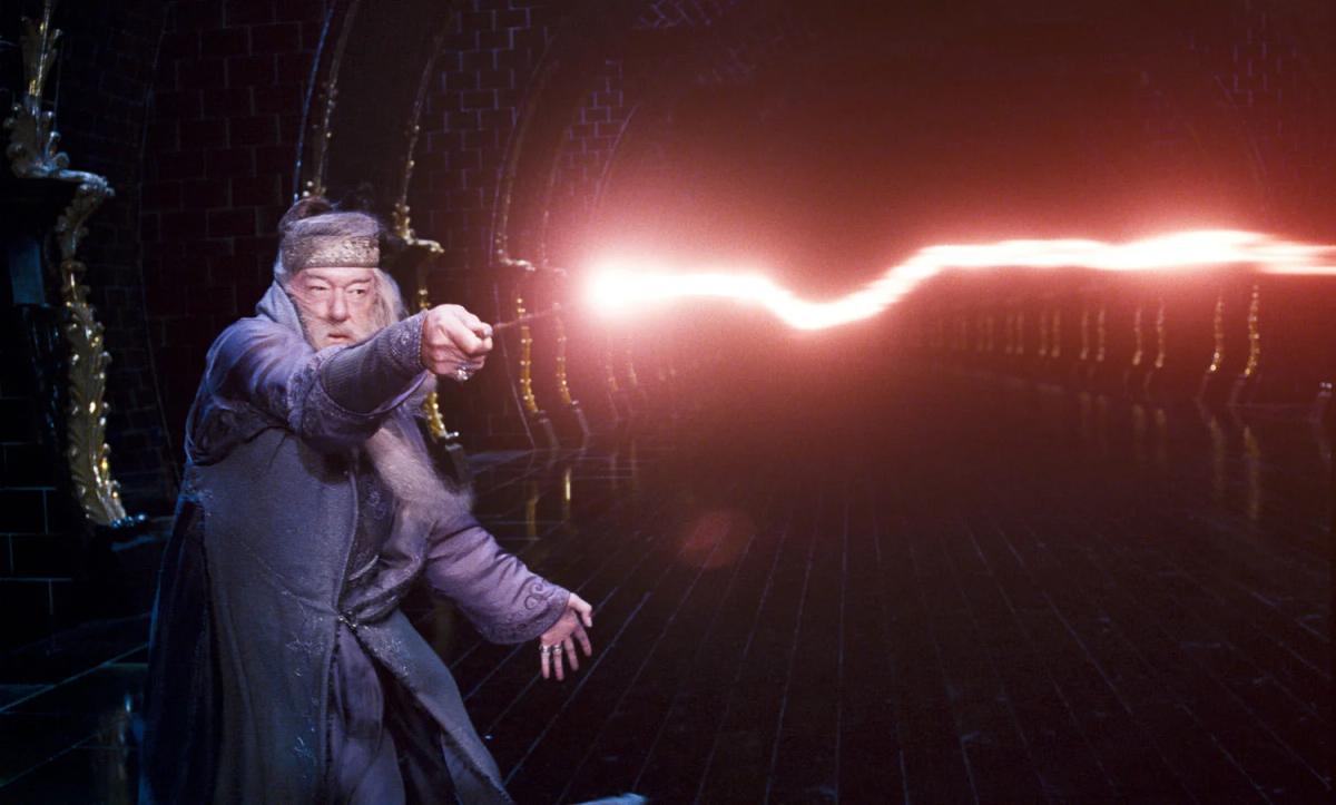 Michael Gambon as Albus Dumbledore casting a spell in the Ministry atrium
