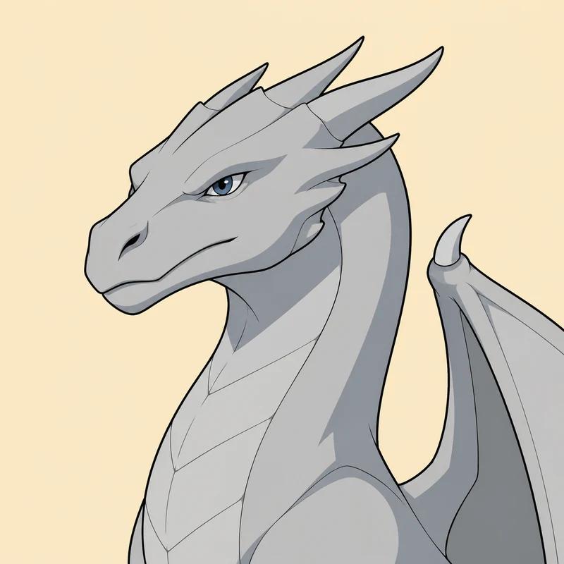Illustrated portrait of Seasmoke, a pale silver-grey dragon with a smooth streamlined head and short horns.