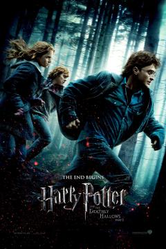 Harry Potter (Daniel Radcliffe), Ron Weasley (Rupert Grint) and Hermione Granger (Emma Watson) run through a pine forest lit by shafts of pale light, embers drifting around them, on the poster for Harry Potter and the Deathly Hallows Part 1.