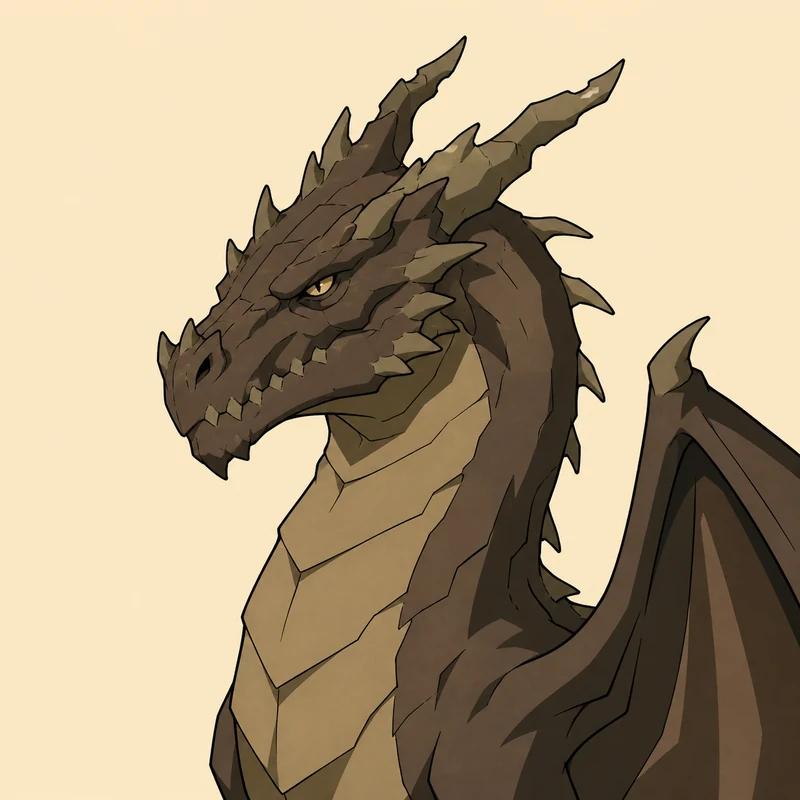 Illustrated portrait of Sheepstealer, a muddy brown dragon with rough hide and ragged uneven horns.