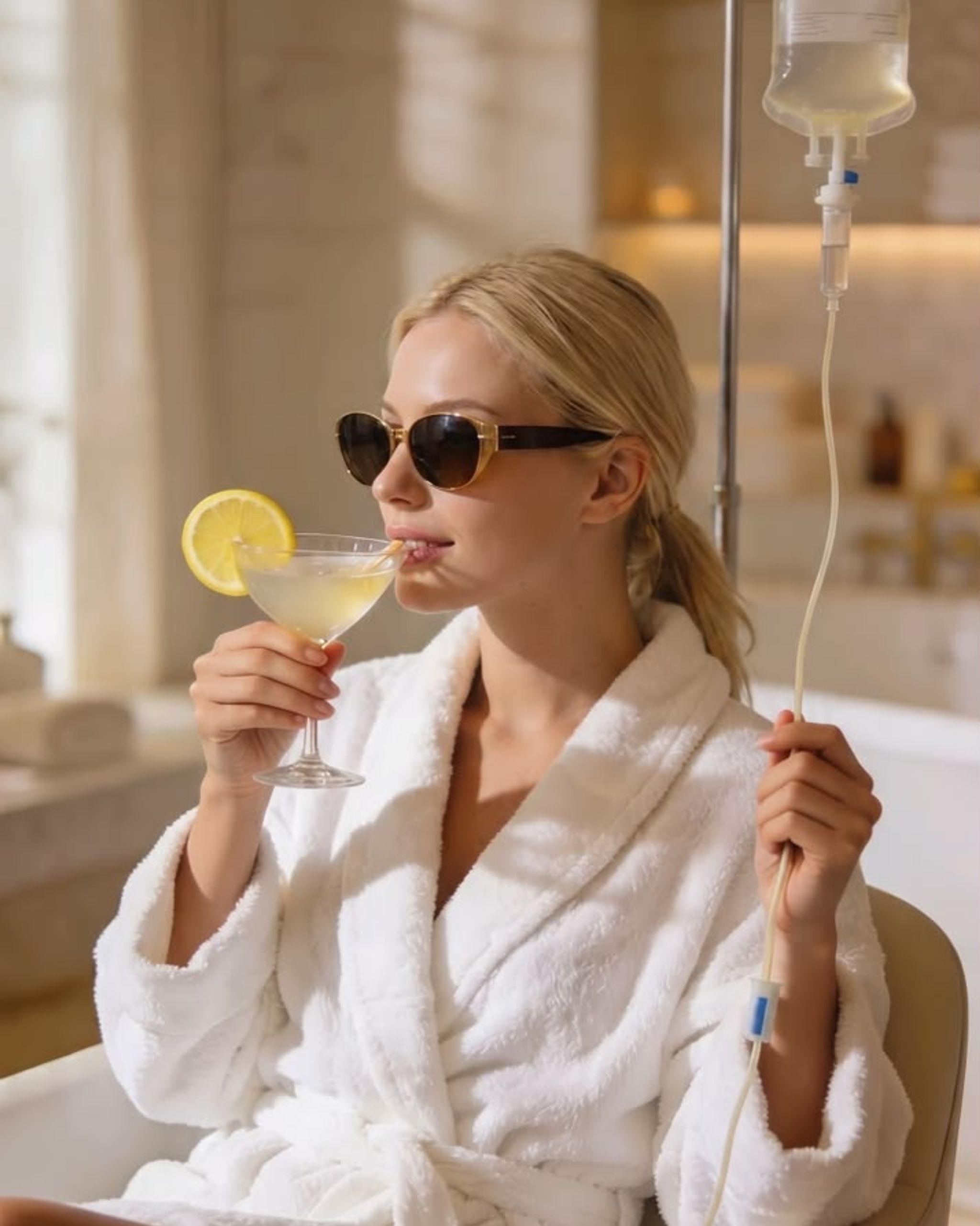 Pre-wedding IV wellness client in a robe with an IV drip