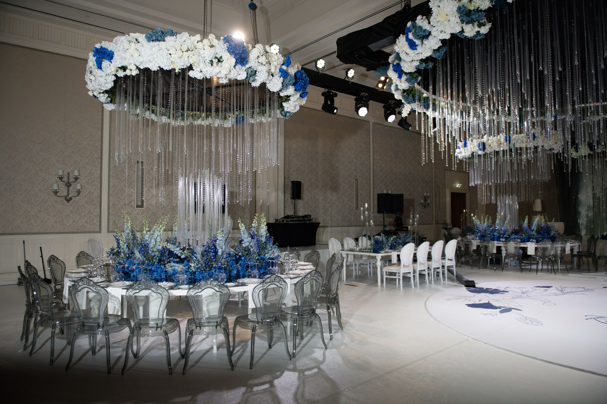 Ballroom at Four Seasons Resort Dubai at Jumeirah Beach, with blue and white floral rings trailing crystal strands