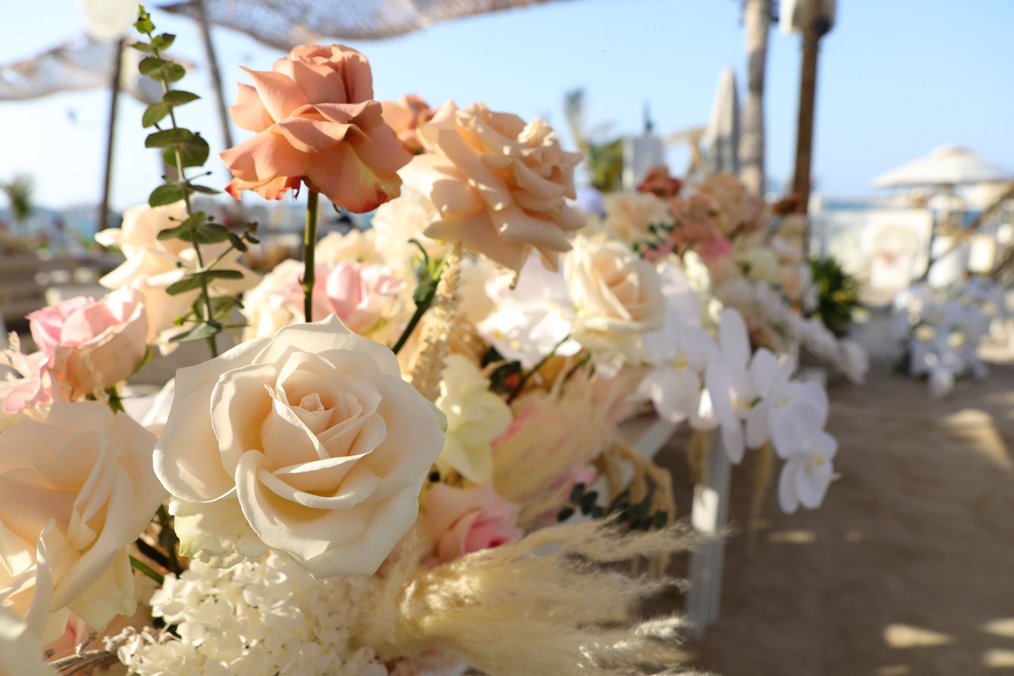 Peach and ivory garden roses with pampas and white orchids lining a table on the sand