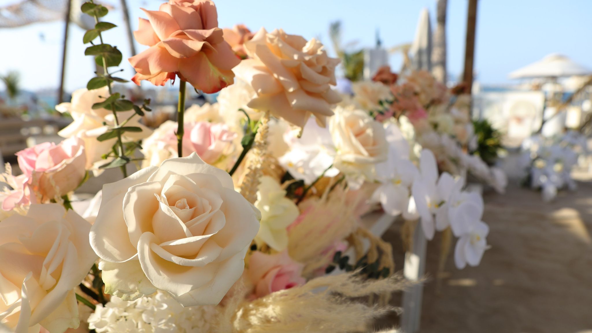 Peach and ivory garden roses with pampas and white orchids lining a table on the sand