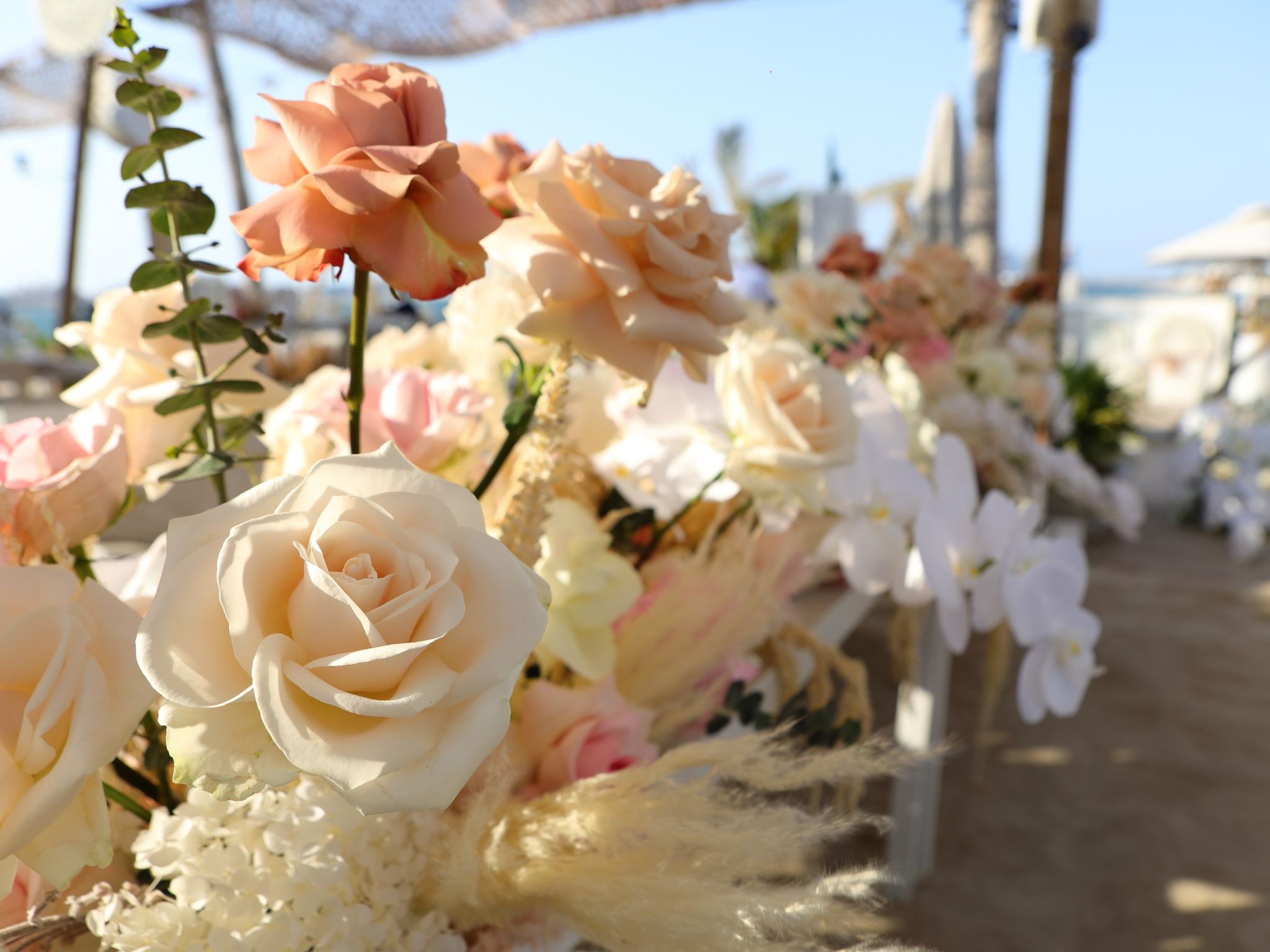 Peach and ivory garden roses with pampas and white orchids lining a table on the sand