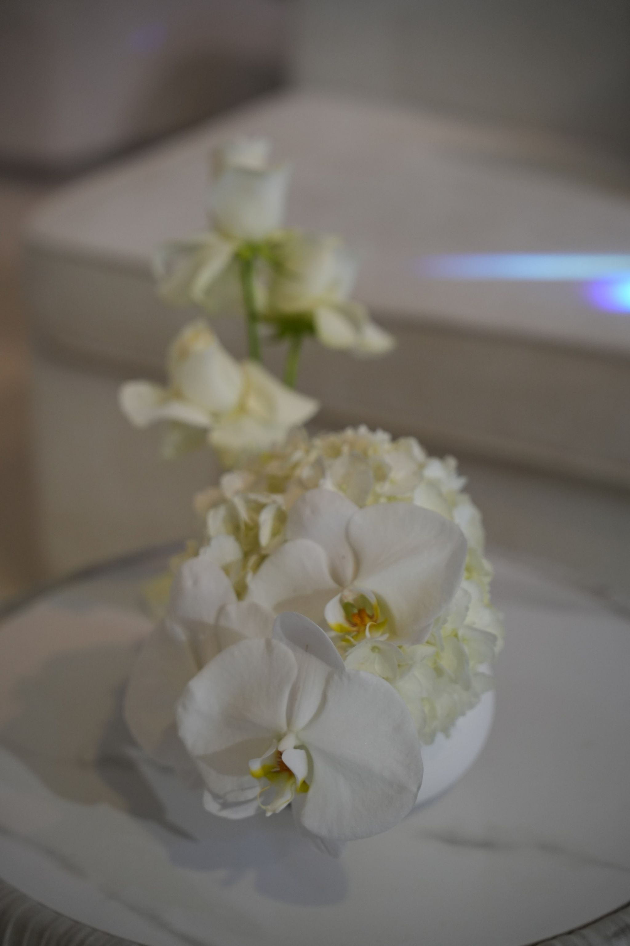 Low arrangement of white phalaenopsis orchids, hydrangea and roses on a marble table