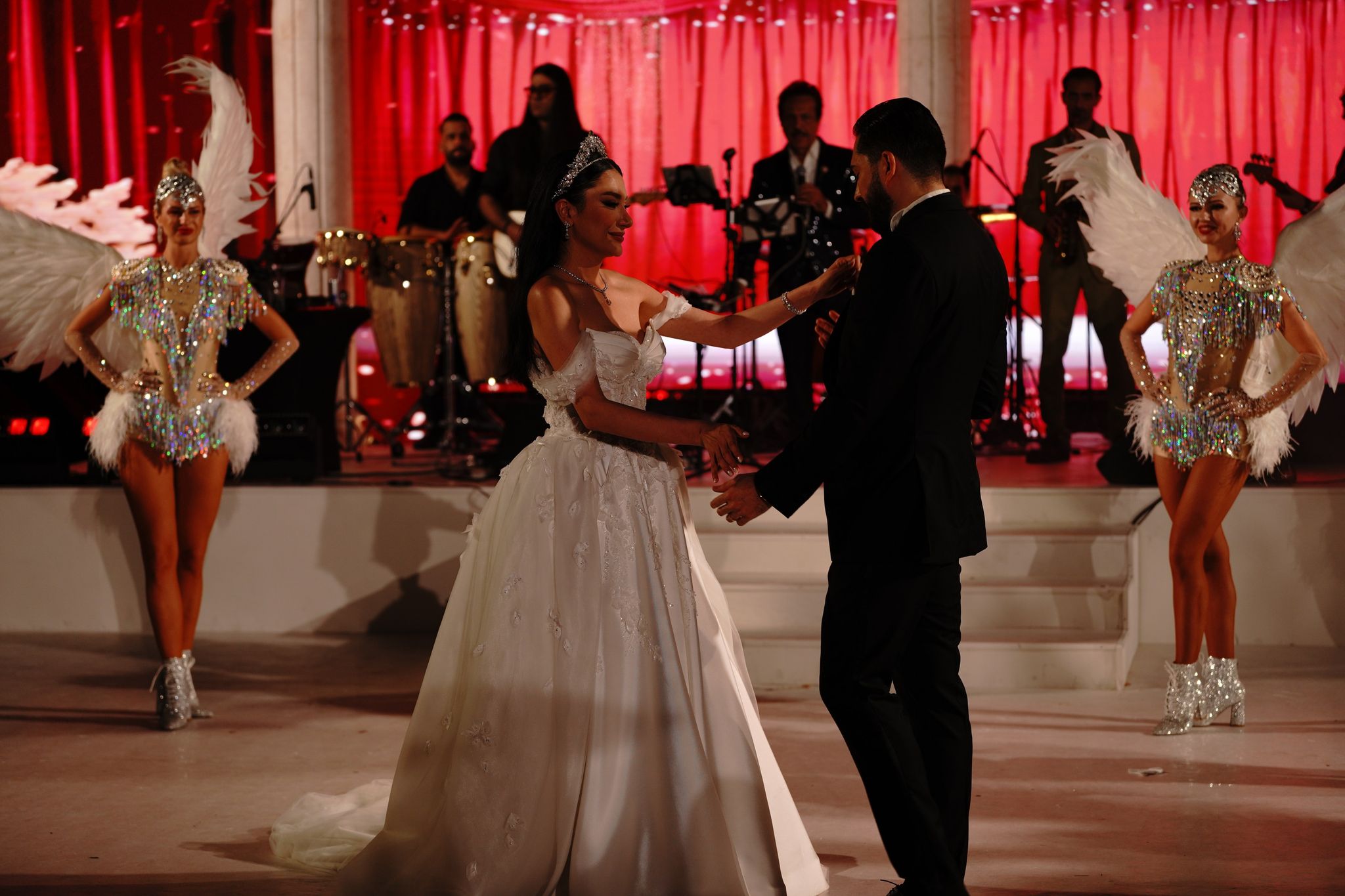 The bride and groom dancing before the band at Four Seasons Resort Dubai at Jumeirah Beach