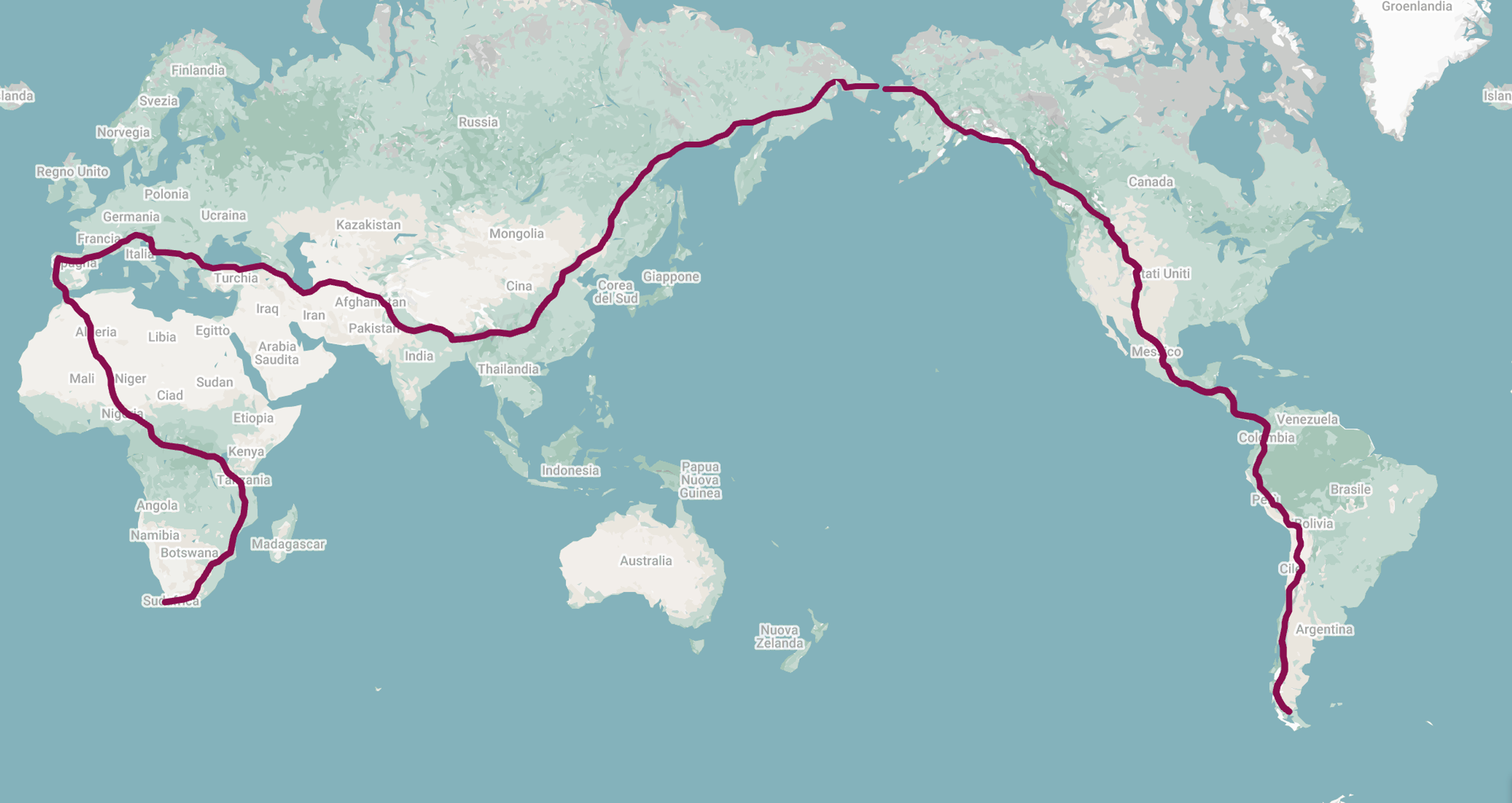 Map of the globe with Ramona's on-foot route overlayed in red.