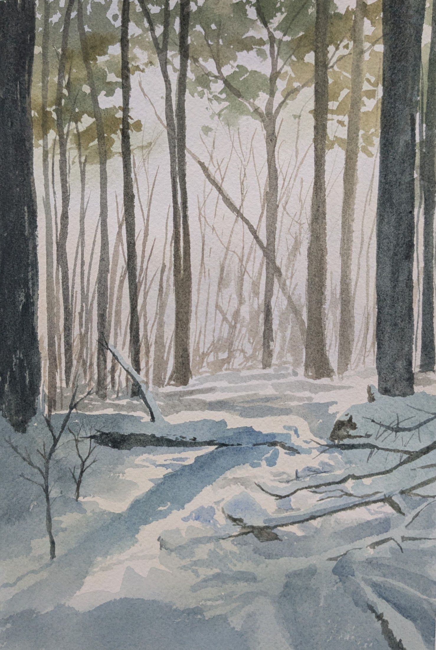 watercolor painting of snowy forest