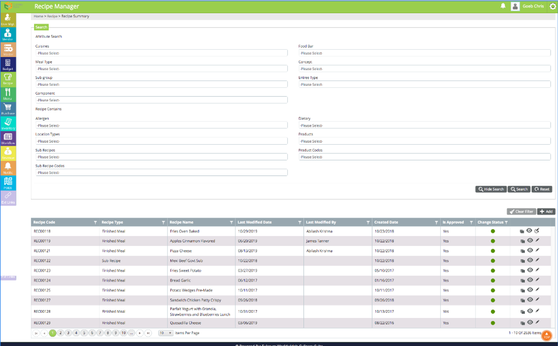 The recipe manager before the redesign