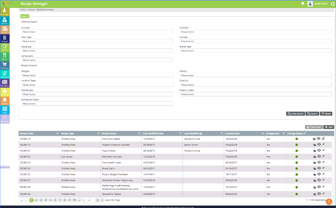 The recipe manager before the redesign