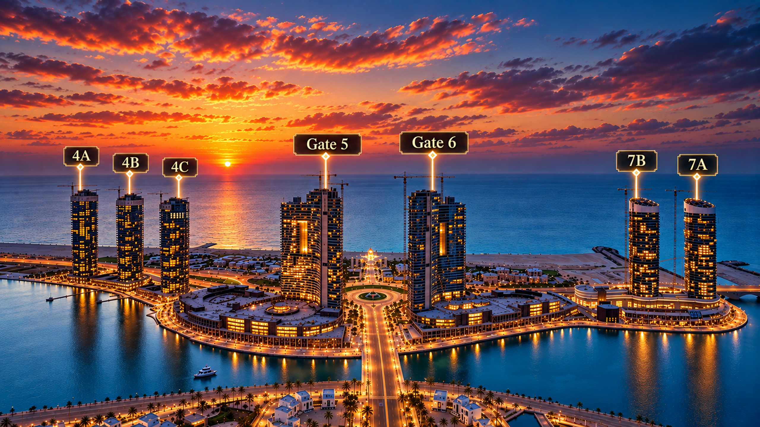 أبراج العلمين عند الغروب على ساحل البحر المتوسط