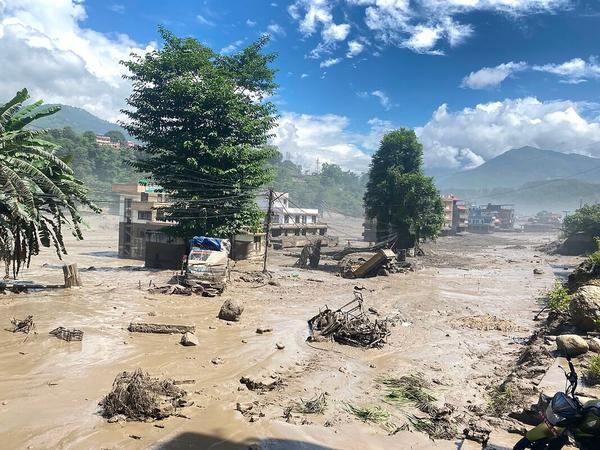 This photo taken on Aug. 26, 2026 shows an area affected by flash floods in Nuwakot District, Nepal. The death toll from a massive flash flood in Nepal's Bhote Koshi River on Wednesday reached 22, the police said. The Nepal Tourism Board said that as many as 384 tourists, including 291 foreigners, have been reported missing after a massive flash flood swept through Rasuwa district in northern Nepal. Photo: Xinhua/Shutterstock