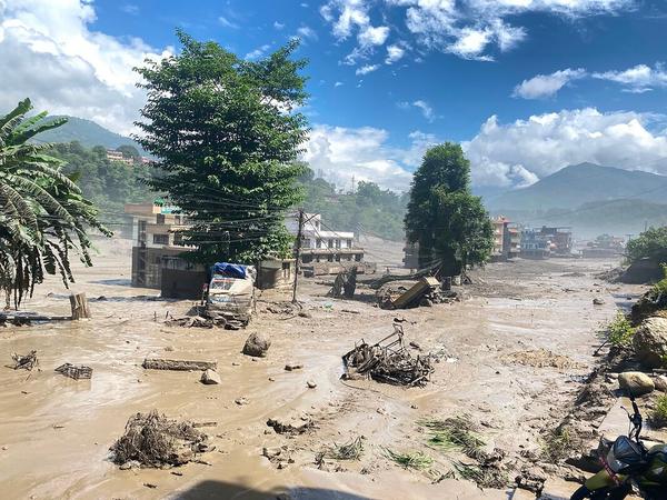 This photo taken on Aug. 26, 2026 shows an area affected by flash floods in Nuwakot District, Nepal. The death toll from a massive flash flood in Nepal's Bhote Koshi River on Wednesday reached 22, the police said. The Nepal Tourism Board said that as many as 384 tourists, including 291 foreigners, have been reported missing after a massive flash flood swept through Rasuwa district in northern Nepal. Photo: Xinhua/Shutterstock