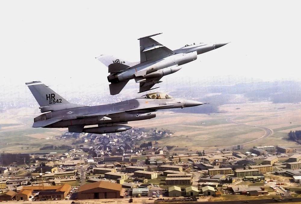 A pair of 10th TFS Vipers, tail code HR, over the Hahn Air Base.