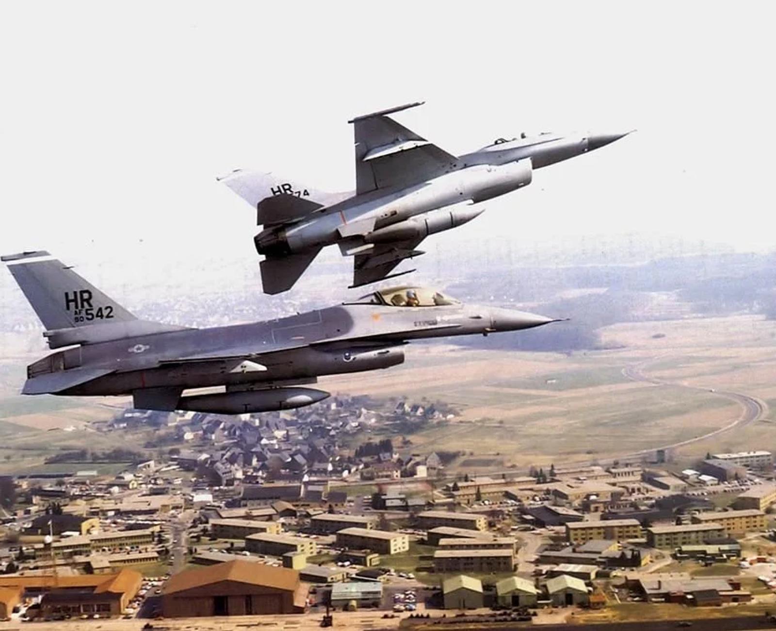 A pair of 10th TFS Vipers, tail code HR, over the Hahn Air Base.