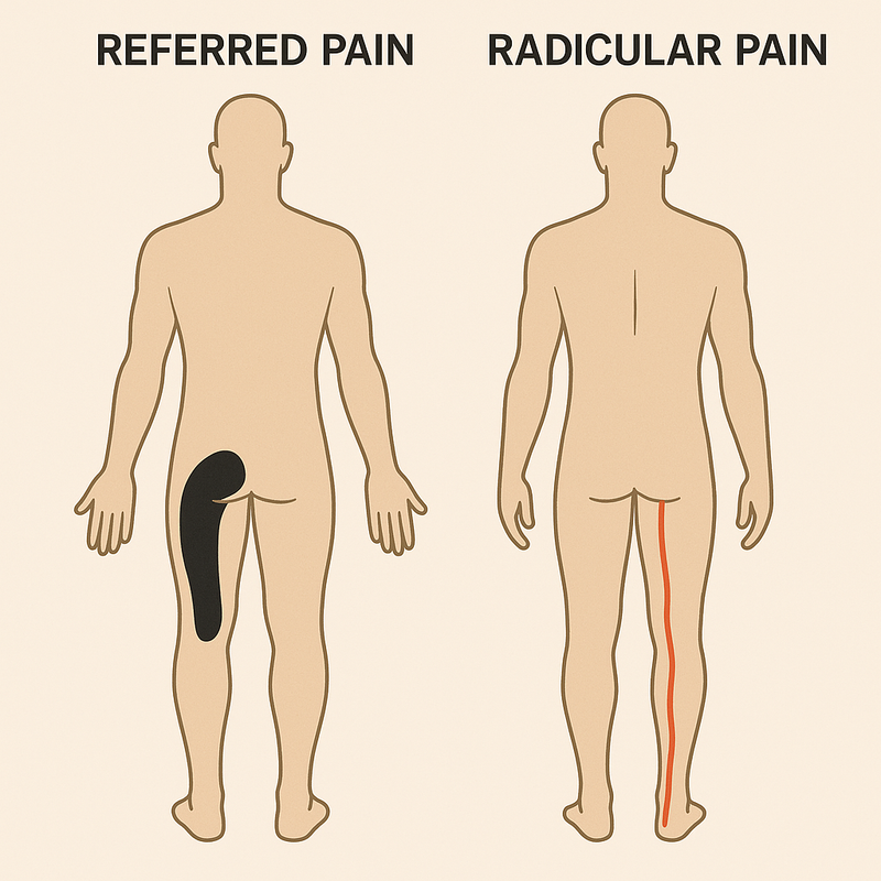 An image showing a stereotypical case of referred pain which generally has a broad distribution but doesn’t usually pass the knee and radicular pain which is usually more distinct pain that goes past the knee. This is a generalisation and doesn’t represent all cases as there are many ways in which referred pain and radicular pain can present.