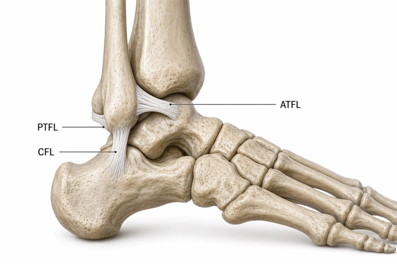 Lateral view medical illustration of the right ankle showing the lateral ligament complex, including the anterior talofibular ligament (ATFL), calcaneofibular ligament (CFL), and posterior talofibular ligament (PTFL), with labelled anatomical structures and exposed bones of the ankle and foot.