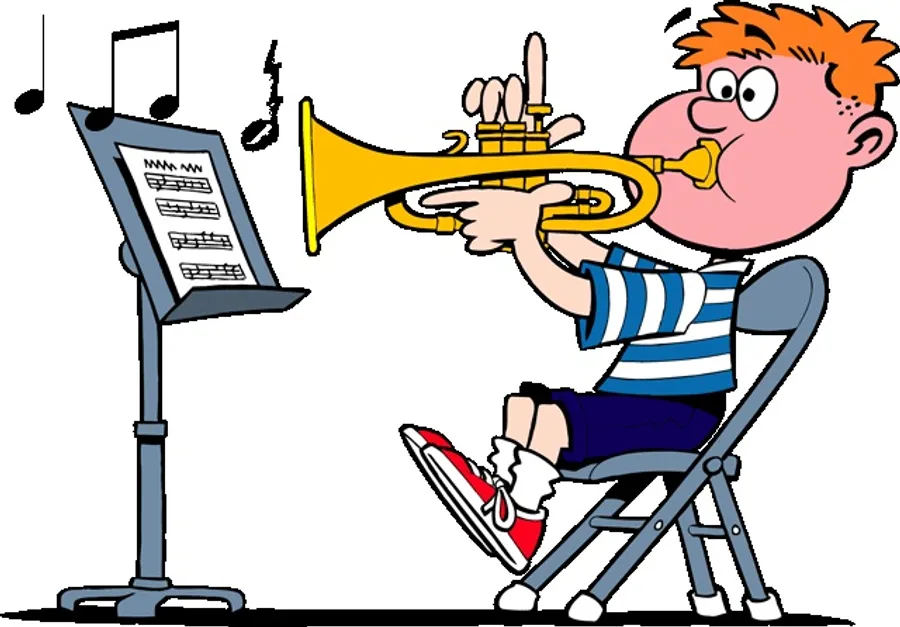 Cartoon of a boy sitting on a chair and playing a golden trumpet in front of a music stand with sheet music.
