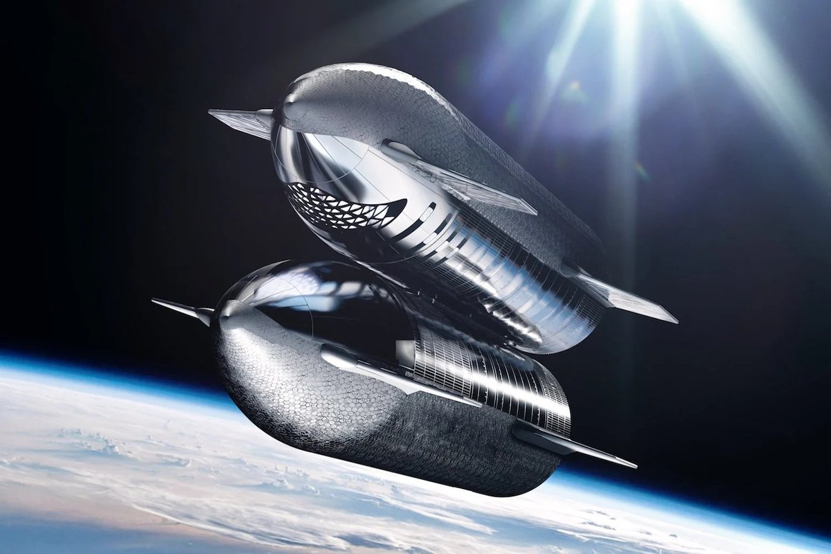An illustration of two Starships docked to one another in orbit