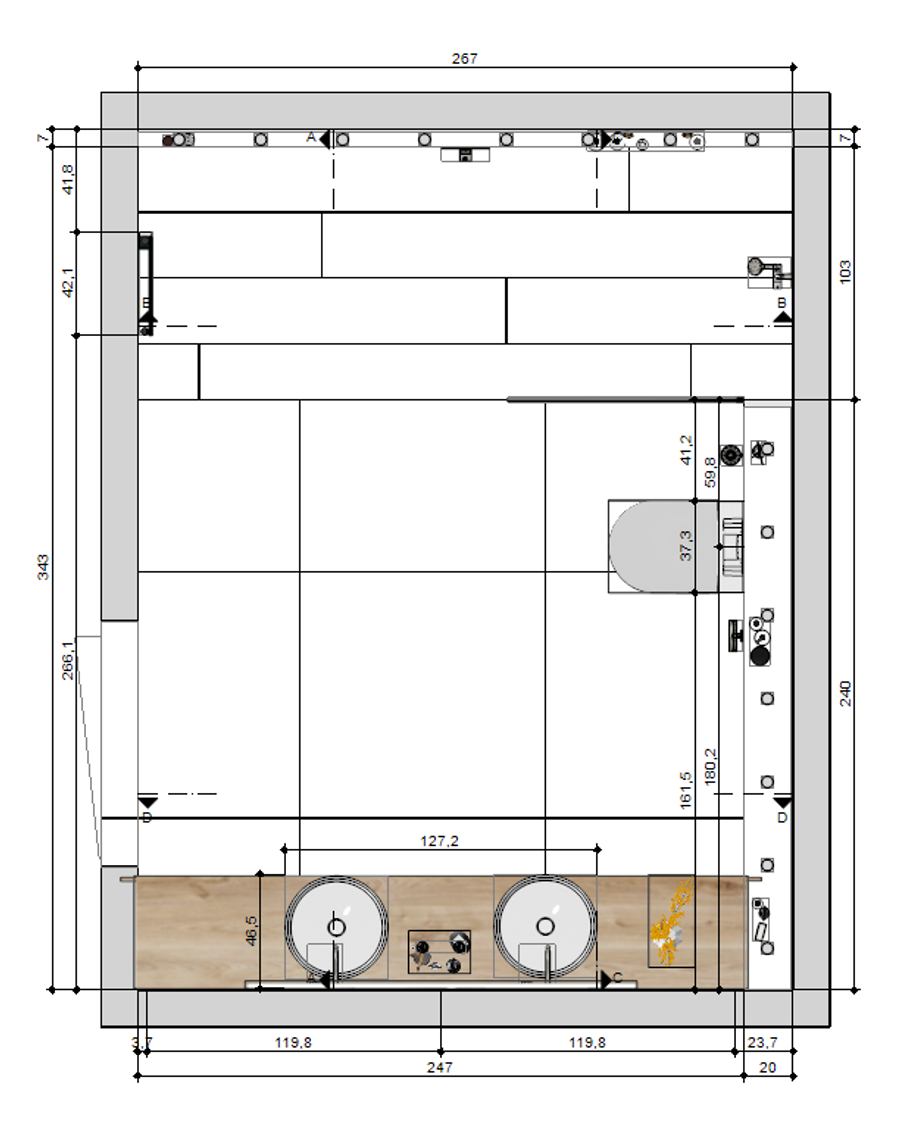 Plattegrond van Stoere landelijke badkamer in hout en leisteen